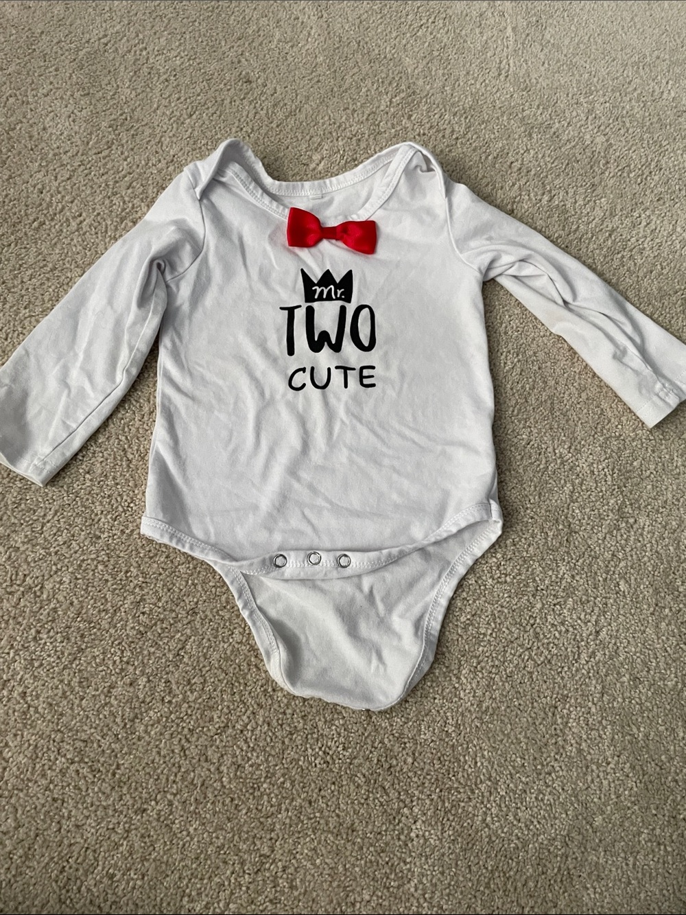 White "Mr. Two Cute" Long-Sleeve Baby One-Piece with Red Bow